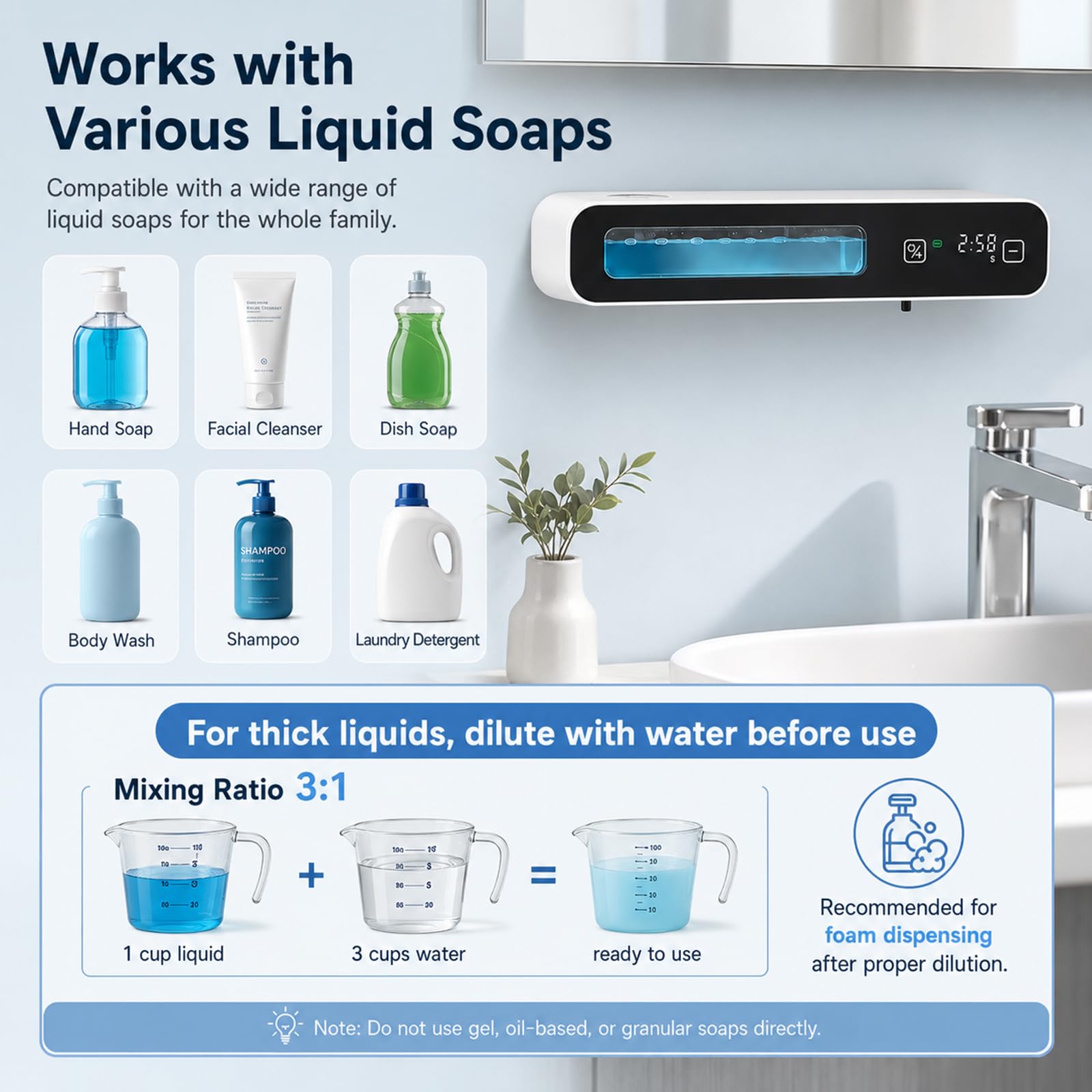 Dispensador automático de jabón espumoso, 500 ml de gran capacidad, 5