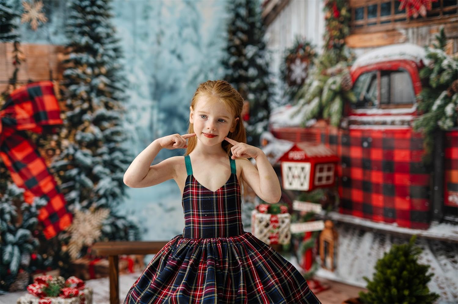 Kate Christmas Red Truck Photo Kit Themed Bundles for Kids Photography Room Set Includes 3 Backdrops & 7 Piece Set(Total of 10 Sets)