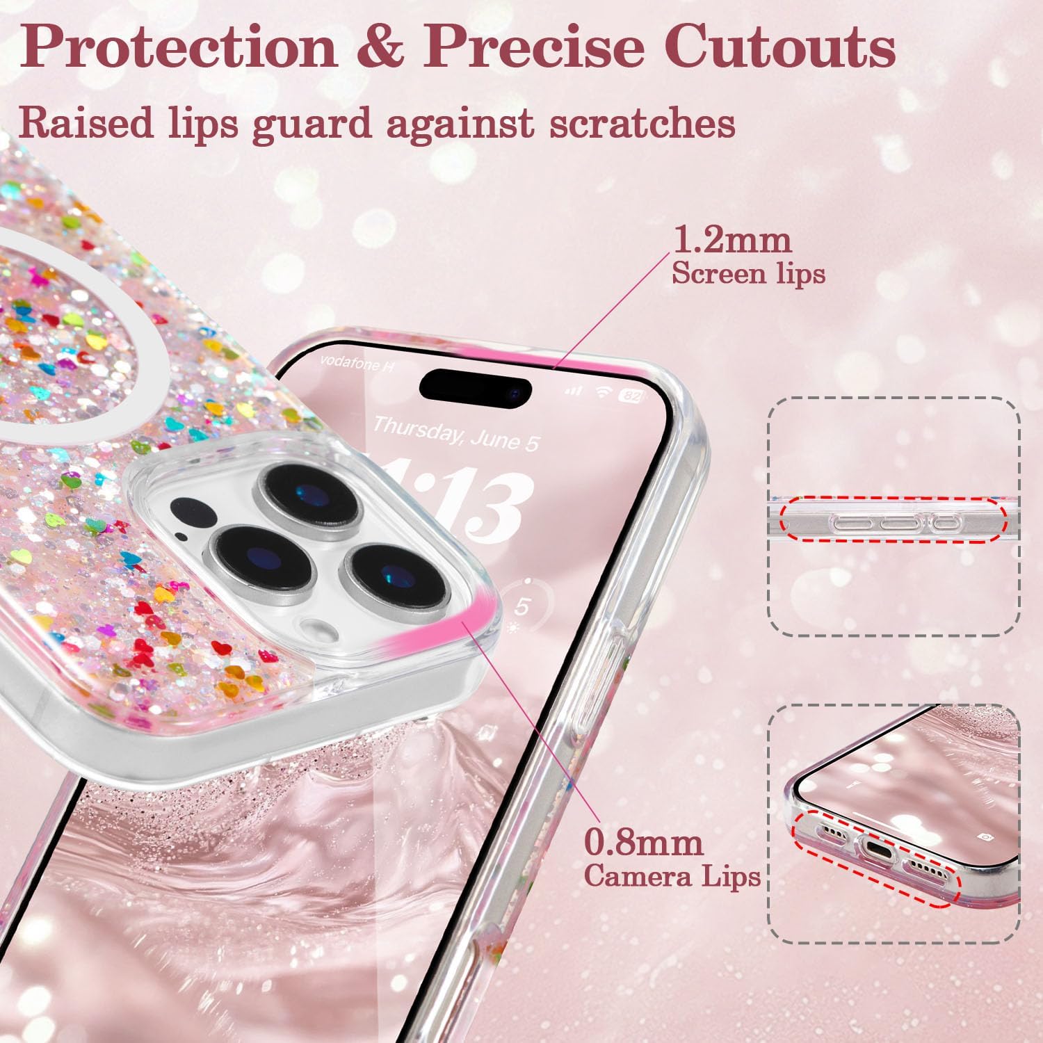 UEEBAI Glitter Case Magnetic for iPhone 15 Pro Case, Luxury Shiny Bling Sparkly Phone Cover Compatible with MagSafe, Wireless Charge Crystal Diamonds Shiny Cover for Women - Pink - Image 4