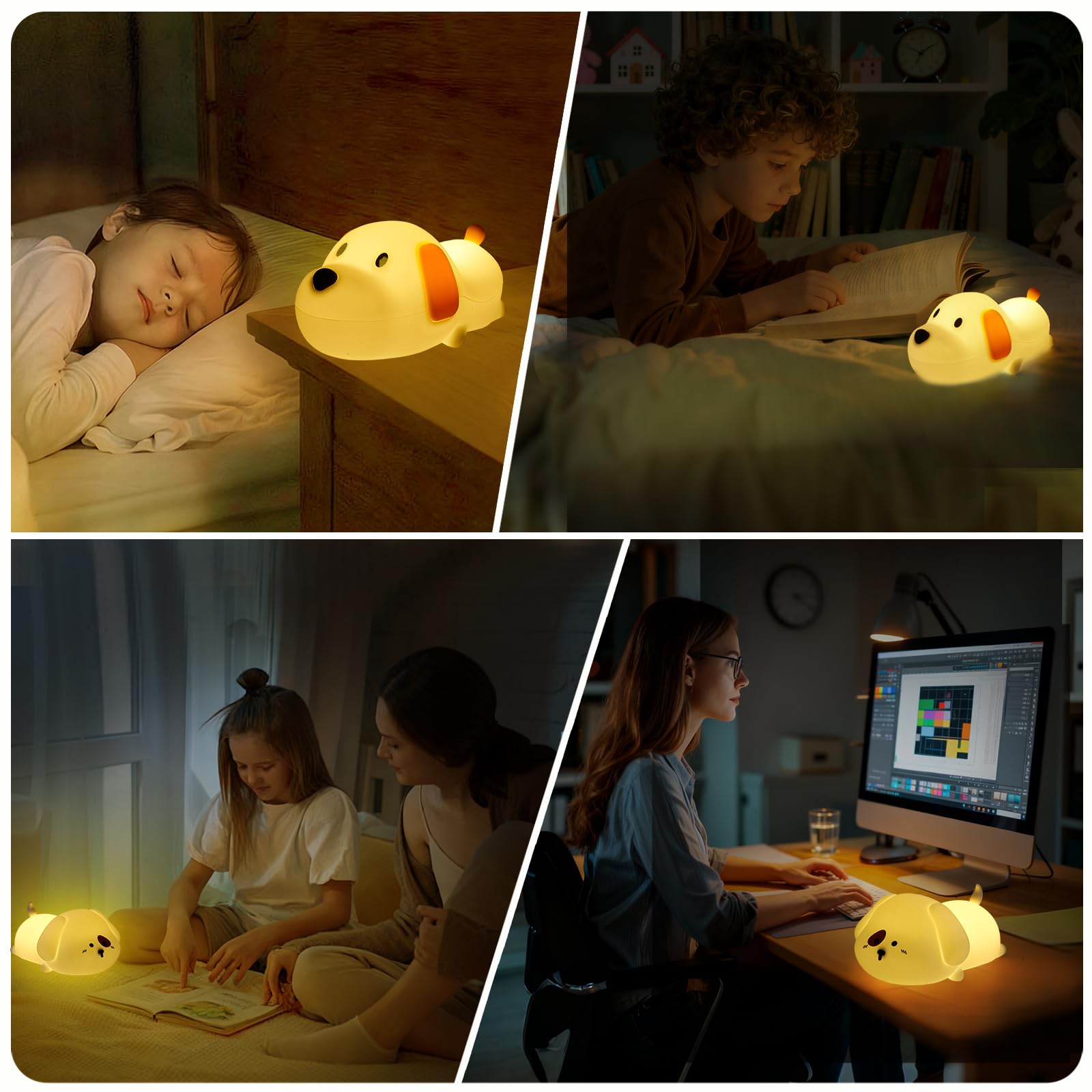 Silikon-Nachtlicht (2 Stück) 7 Farben für Kinder, Touch-Steuerung, LED-Hundelampe, wiederaufladbar, niedliche Welpen-Nachtlichter für Kleinkinder, Jungen, Mädchen, RGB, Warmweiß