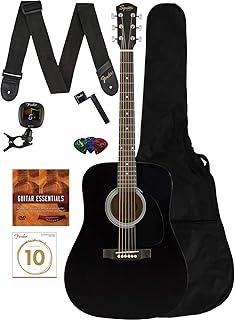 Fender Squier Dreadnought Acoustic Guitar - Black Learn-to-Play Bundle with Gig Bag, Tuner, Strap, Strings, Picks, String Winder, Fender Play, and Austin Bazaar Instructional DVD