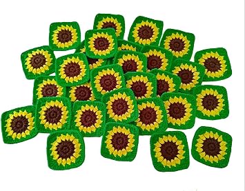 Handmade Beautiful Crocheted Sunflower Granny Square Decoration Sewing Appliques Flowers Crochet Sew On Patches Repair Patch for Jacket Dress Clothes Bags DIY Accessories Green Frame