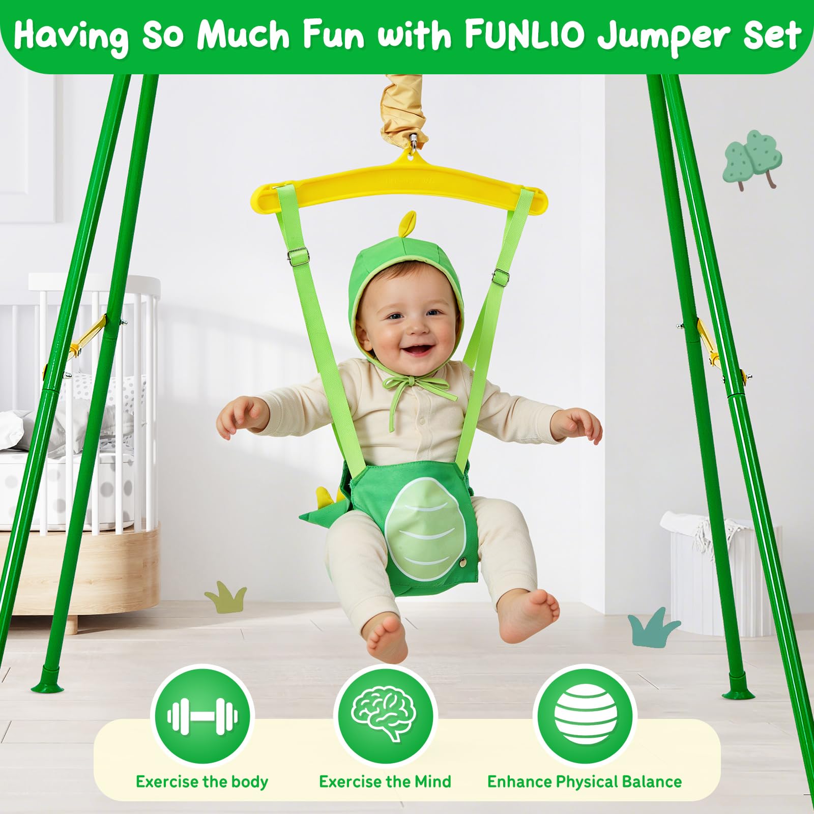 FUNLIO: saltador para bebés con soporte, de 6 a 24 meses; hamaca para bebés para jugar; saltador para niños pequeños, con cadena ajustable, fácil de montar y guardar (con soporte)