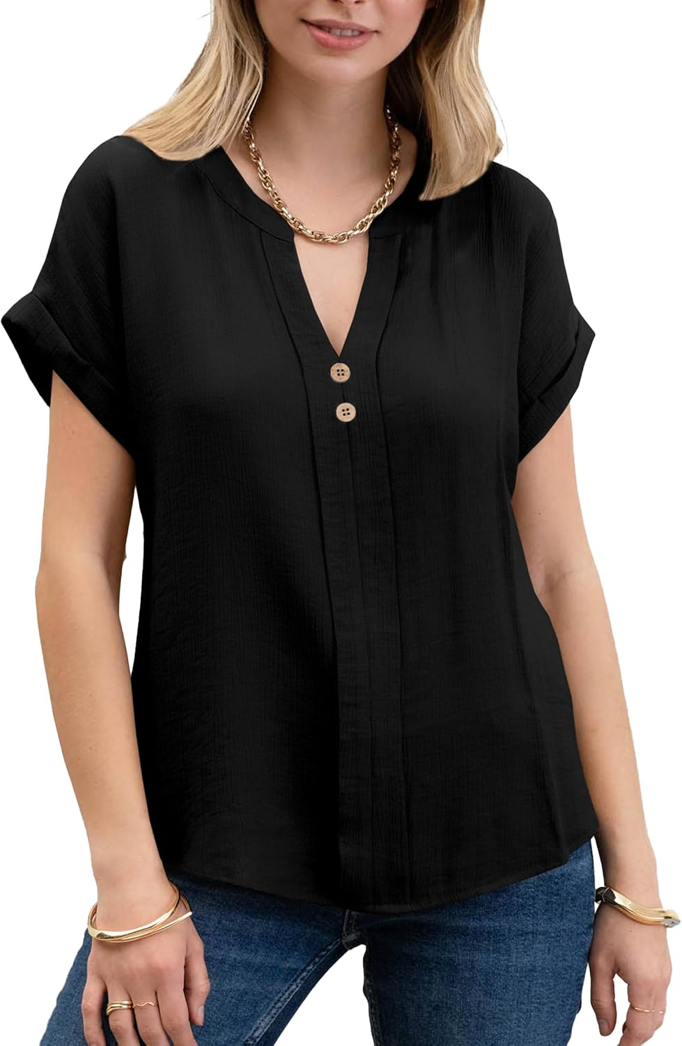 HVT Womens Short Sleeve V Neck Tops Going Out Lightweight Dressy Shirt Casual Summer Loose Fit Flowy Blouses