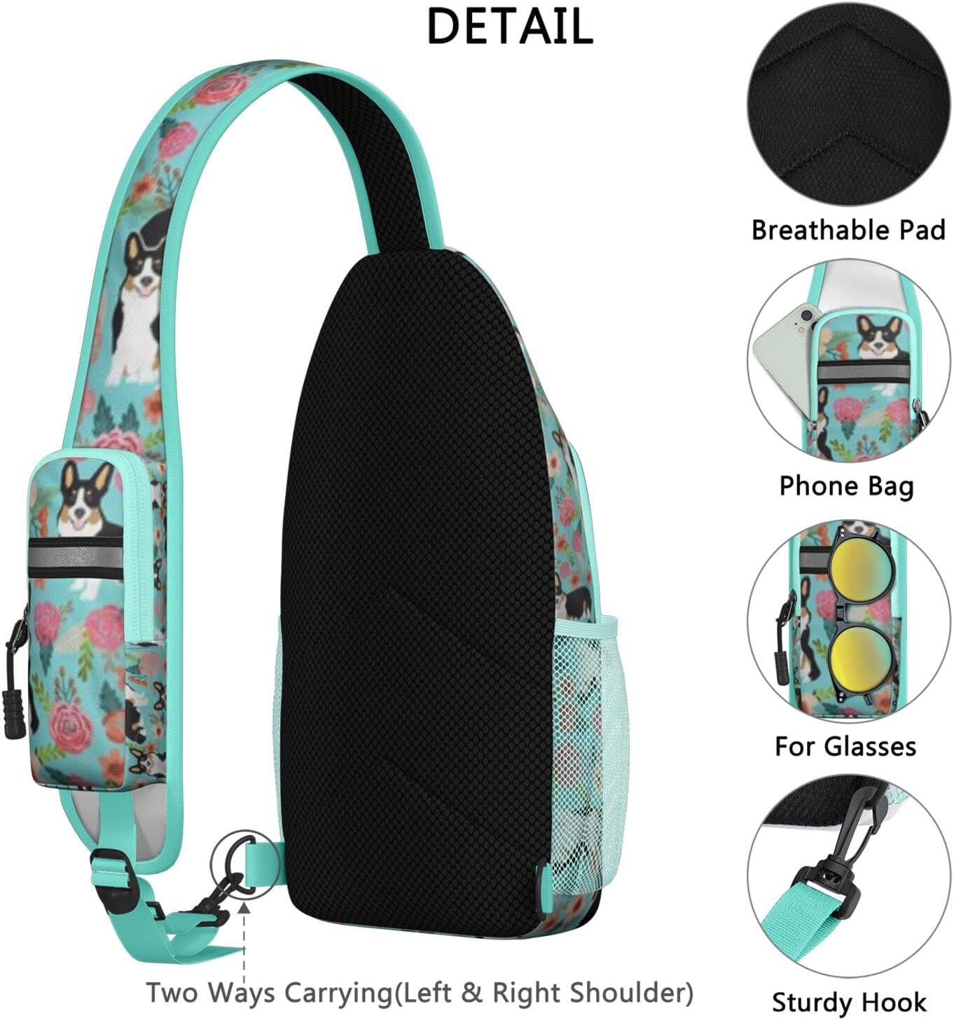 Corgi Crossbody Sling Backpack Mini Water Resistant Sling Bag with Adjustable Chest Strap Backpack for Outdoor Hiking Cycling Sports - Corgi Gifts for Women - Image 3