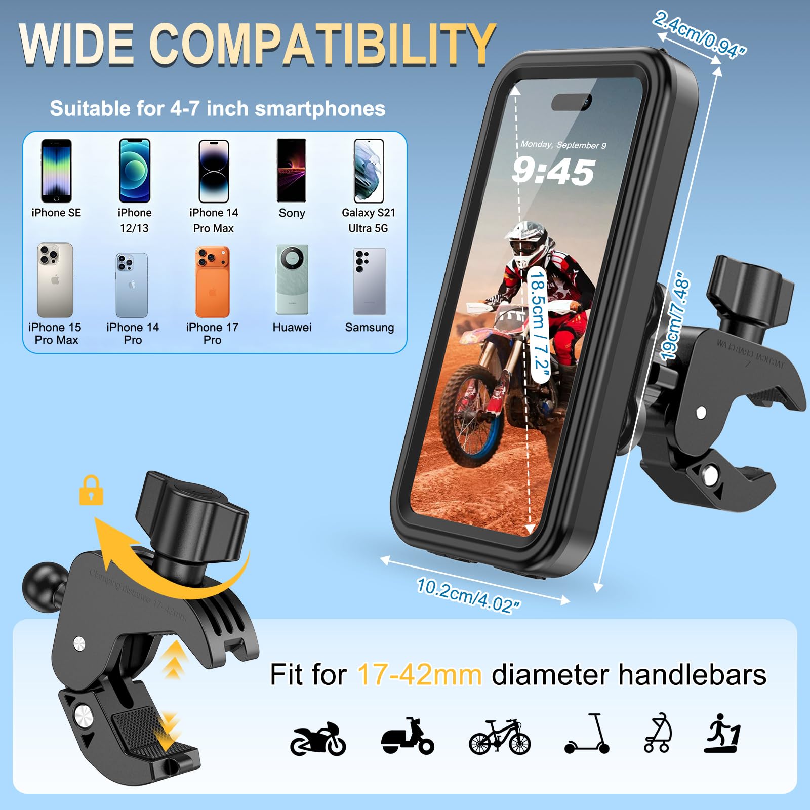 Support Téléphone Moto Scooter Antivibration Étanche IPX5 Porte Telephone Velo Moto Universel Rotation 360° Support de Téléphone pour Guidon 17-42mm, pour iPhone Huawei 4,0-7,0" Smartphones