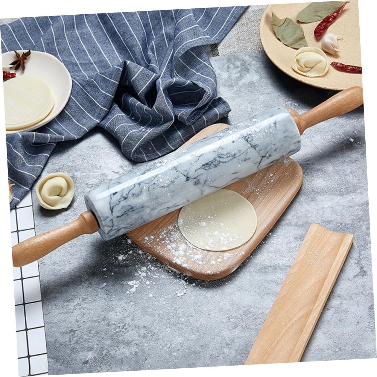 Natural Marble Rolling Pin with Wooden Handles Nonstick Dough Roller Pastry Stick for Baking Kitchen Tool Eco-friendly Gray Marble Design