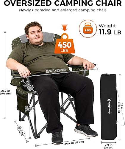 Miniatura 3 de KingCamp Silla plegable de campamento de gran tamaño, resistente 450 libras con soporte lumbar, asiento acolchado con portavasos y bolsa