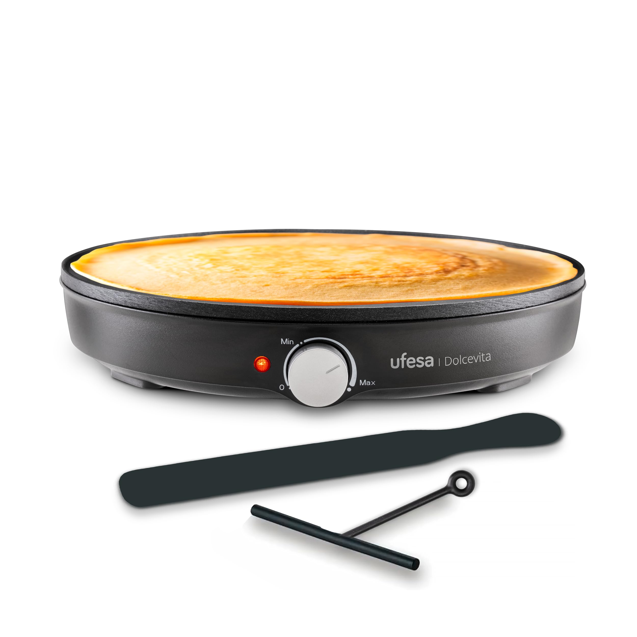 Ufesa Crepera Dolcevita 1000W, Placa Antiadherente de 30 cm, Control de Temperatura Ajustable, Luz Indicadora con Termostato, Seguridad Térmica, Pies Antideslizantes, Accesorios Incluidos