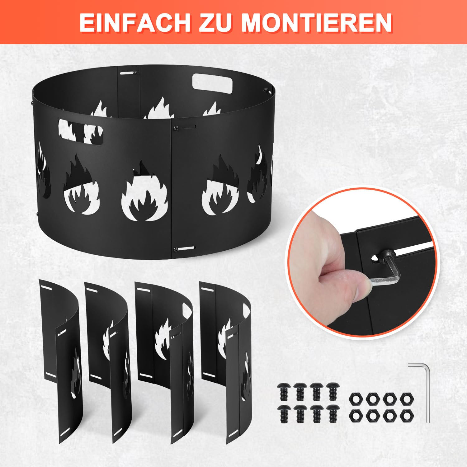 Brasero de protección contra chispas ajustable Ø70-75 cm, rejilla de chispas con asa, chapa de acero de 1,2 mm de grosor, 4 piezas, enchufable, perfecta para jardín y terraza, color negro