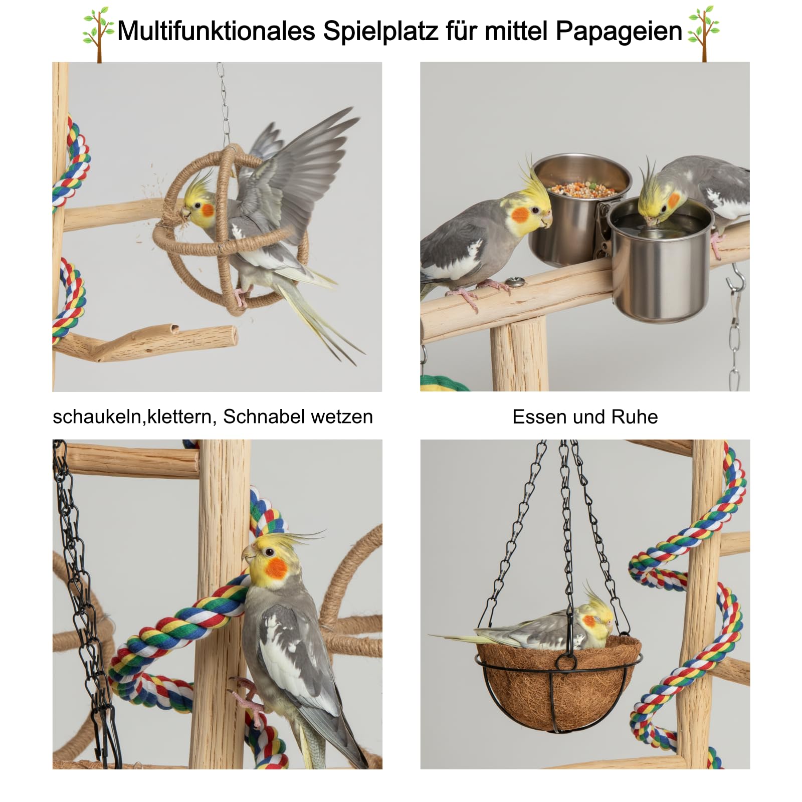 Vogel Sitzstangen, Vogelspielzeug, Naturholz-papageienständer mit Feeder-Cup, Schaukel, Nest, Papageien Vogelspielplatz und Ruhestation für mittelgroße Vögel, Nymphensittich, Mönchssittich, Großer Akt