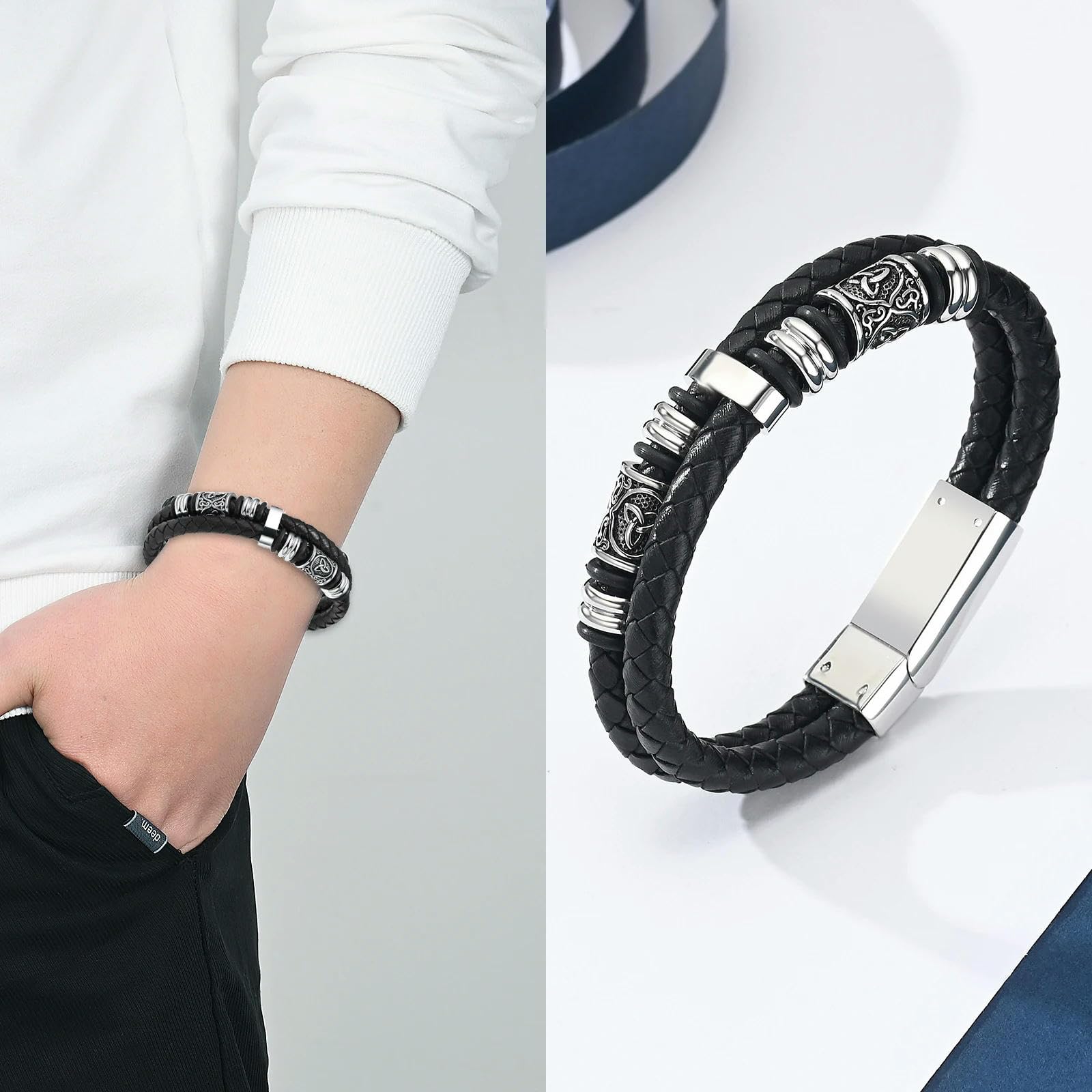 XYNSNDB Bransoletka kremacyjna na popiół dla mężczyzn Biżuteria pamiątkowa ze stali nierdzewnej Pleciona skórzana opaska na nadgarstek Bangle Keepsake