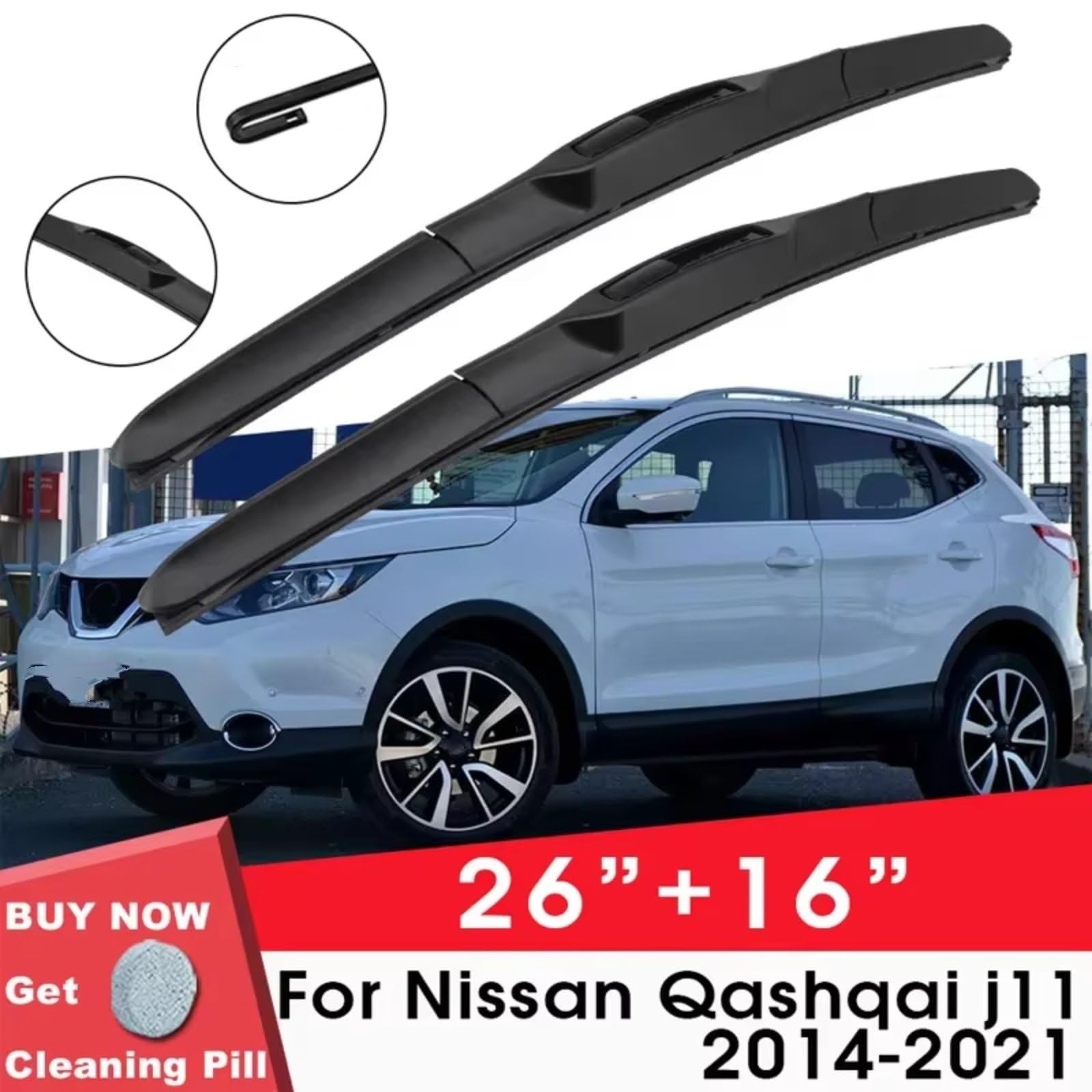 Kit Limpiaparabrisas Compatible Con Nissan Para Qashqai J11 2014 2015 2016 2017 2018 2019 2020 2021 26 "+16" LHD RHD Ventana Delantera Parabrisas Goma Silicona Limpiaparabrisas