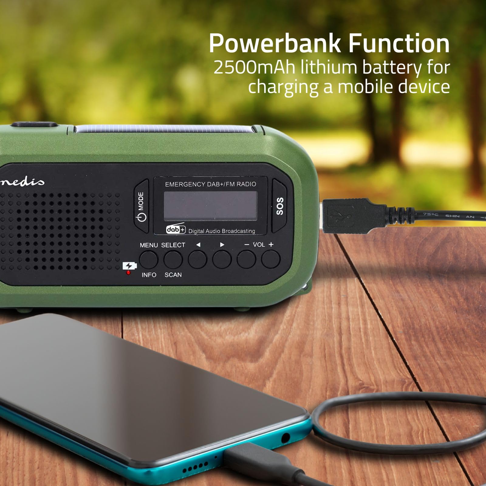 Notfallradio - Tragbare Ausführung - DAB+ / FM - Batteriebetrieben/Handkurbel/Solar Powered/Stromversorgung über USB - Wecker - Grün/Schwarz
