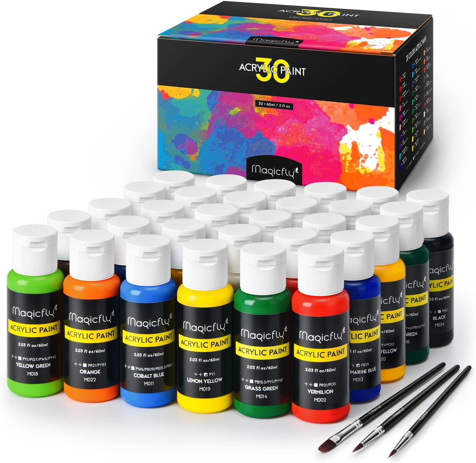 Magicfly 30 Colors Acrylic Paint Set (2fl oz/60ml Each), Non-Toxic Craft Paints with 3 Brushes, for Multi-Surface Paint on Canvas, Halloween Pumpkin, Paper, Wood, Stone, Ceramic and Model