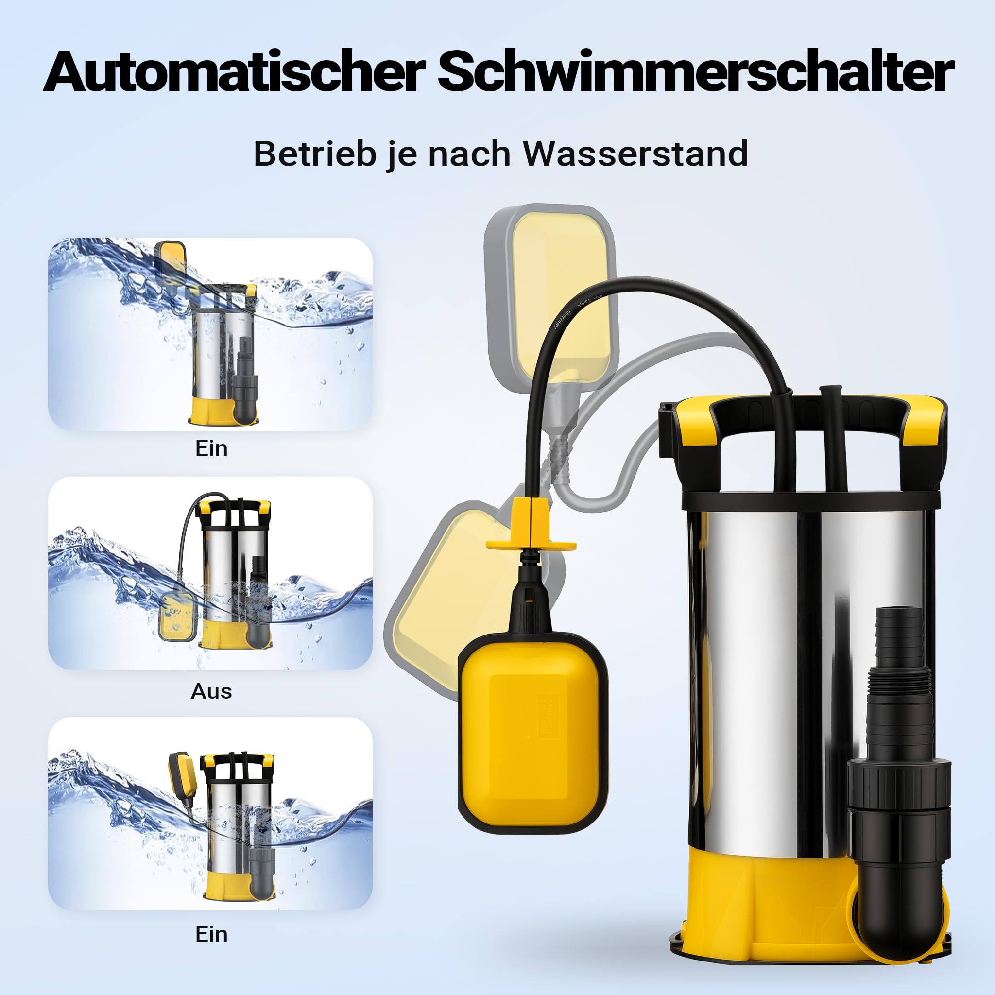 Wiltec Tauchpumpe mit Schwimmer Edelstahl 850 W, flachabsaugende Pumpe bis 1 mm, Tiefbrunnenpumpe bis 7 m Tiefe & 8,5 m Förderhöhe, Flachsaugerpumpe für Klarwasser