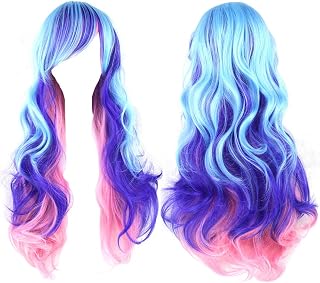 S-SSOY 27" Women's Anime Cosplay Wigs Long Curly Wave Costume Ombre Pink Purple Blue Gradient Lolita Harajuku Style Colorful Wavy Hair Synthetic Halloween Party Wig with Bangs for Girl Women +Wig Cap
