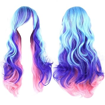 S-SSOY 27 Women's Anime Cosplay Wigs Long Curly Wave Costume Ombre Pink Purple Blue Gradient Lolita Harajuku Style Colorful Wavy Hair Synthetic Halloween Party Wig with Bangs for Girl Women +Wig Cap