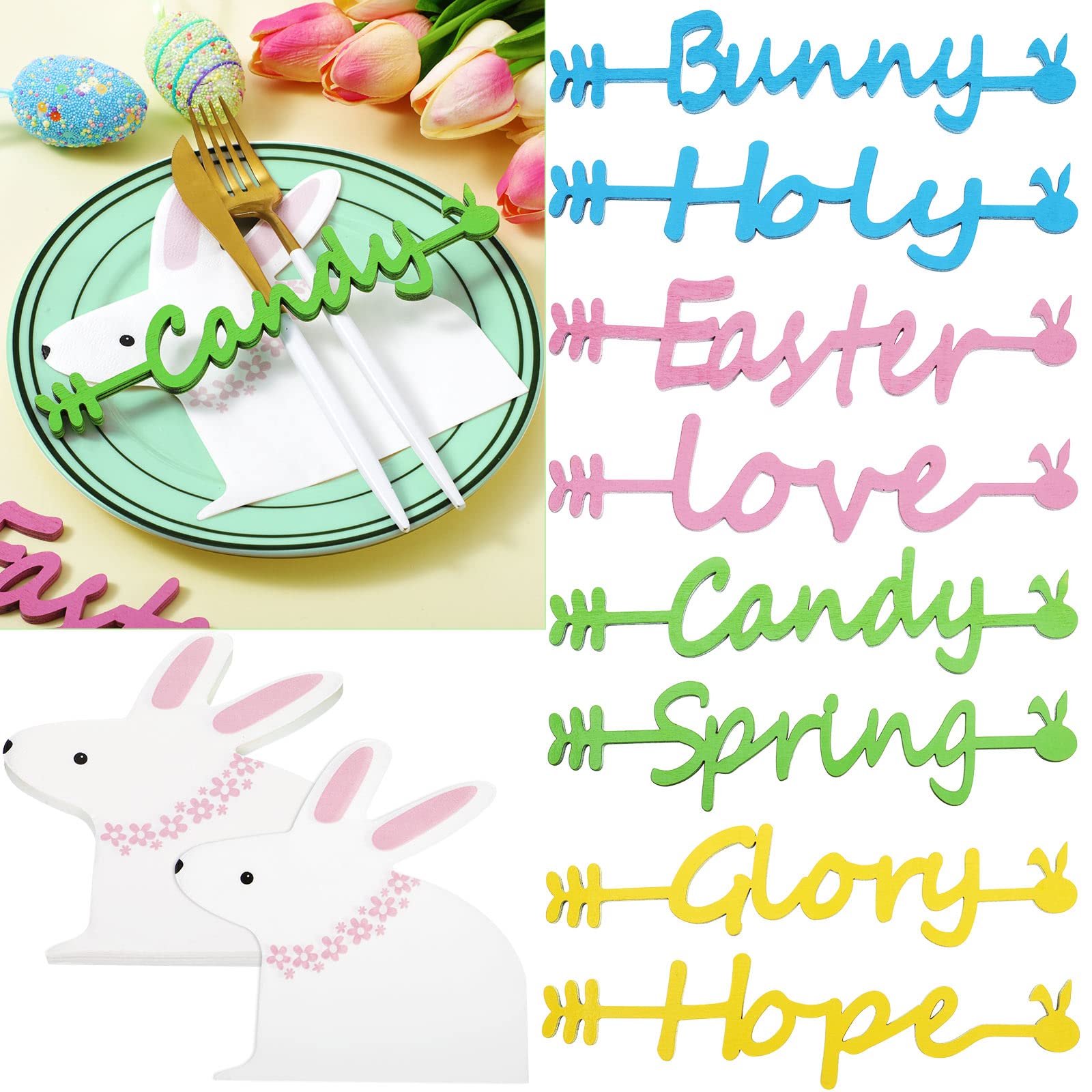 Set of 28 with 8 Pieces Easter Wood Table Plate Place Cutouts and 20 Bunny Napkins Easter Rustic Dining Table Plate Letter Sign Ornament for Easter Party Place Settings Decor Crafts