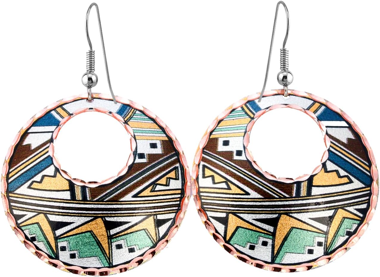 Handmade Copper Hoop Earrings – Native American Inspired Circular Design – Animal & Symbol Variations (Wolves, Eagle, Horse, Hummingbird, Inukshuk, More)