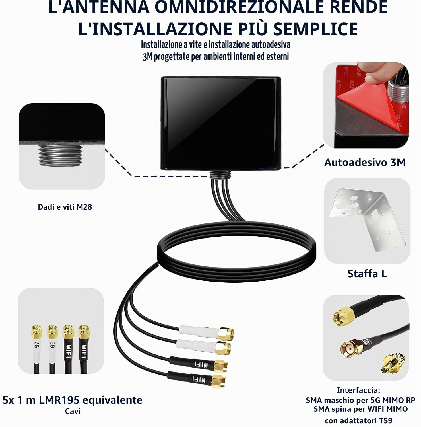 Maswell Antenna 5G, 2X2 MIMO 5G + 2X2 MIMO WiFi 6 da esterno, Antenna esterna Omni 600-8000 MHz per WiFi 6E WiFi 7 cellulare 5G 4G+ LTE-A, LMR195 equivalente SMA maschio