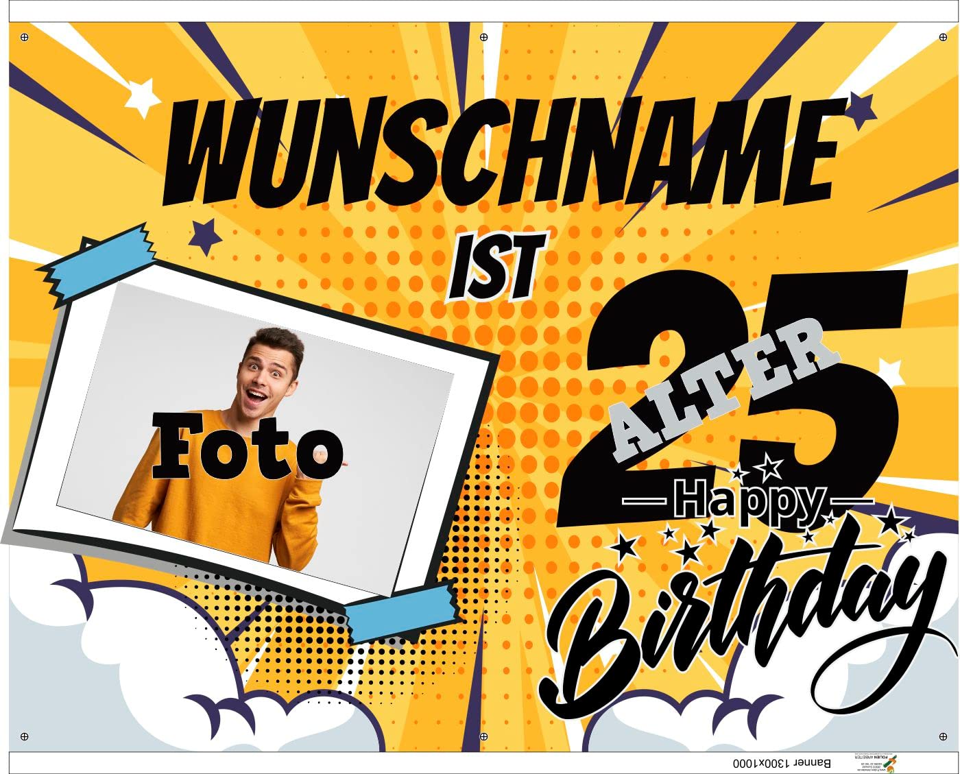 Geburtstag Banner Comic Style 130x100 cm Happy Birthday, Banner Personalisierbar mit Foto und Name und Alter Wunschtext