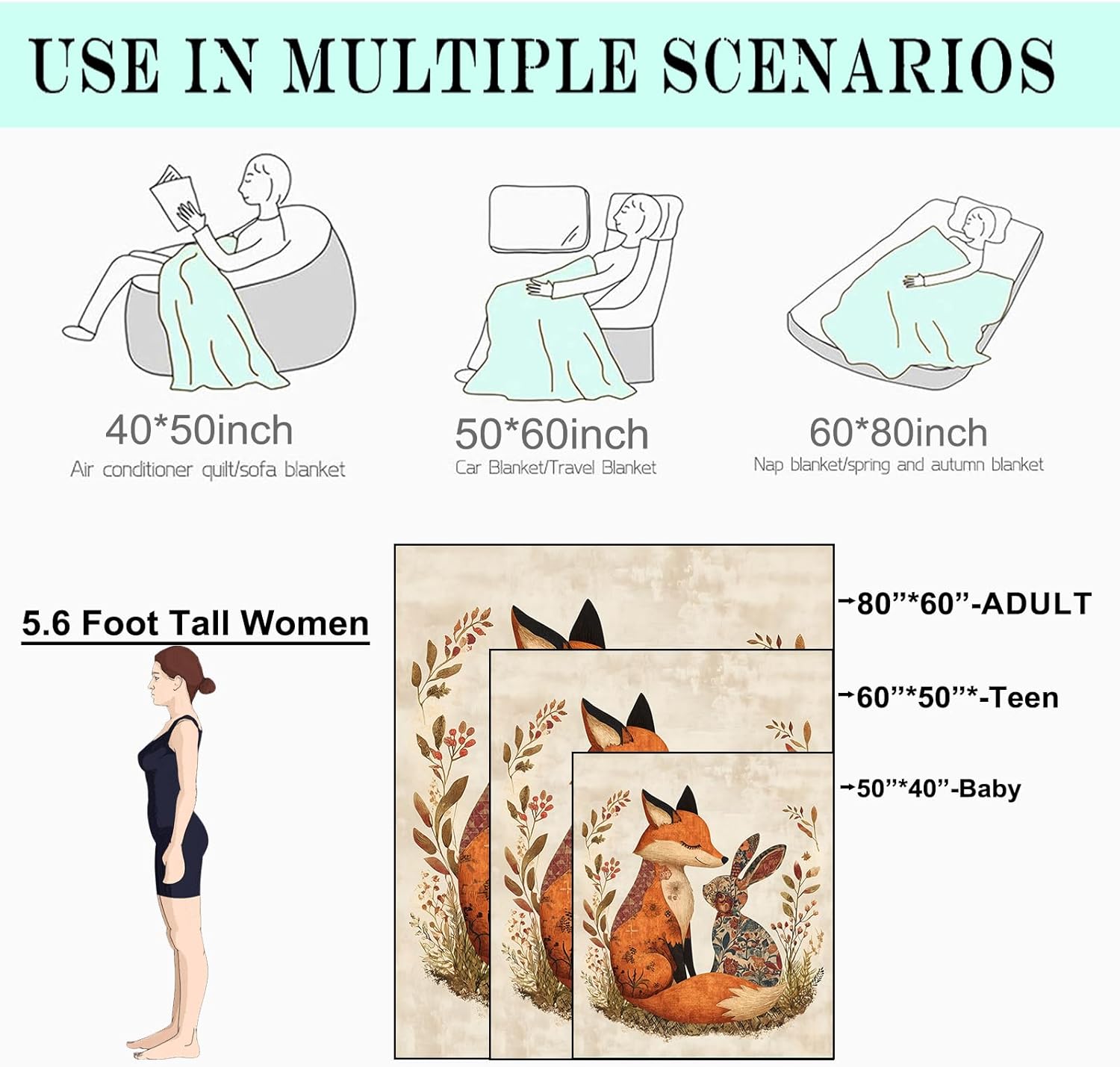 Vintage Fox and Rabbit Fleece Blanket - 60x80in Retro Whimsical Bunny Throw Blankets,Soft Cozy Lightweight, Ideal for Living Room Home Rustic Decor and Kids Women Girls Spring Gifts - Image 3