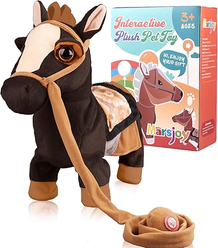 Marsjoy Juguete de poni que camina negro musical que canta, baila, peluche interactivo para caminar con caballo, con correa, robot, de peluche,