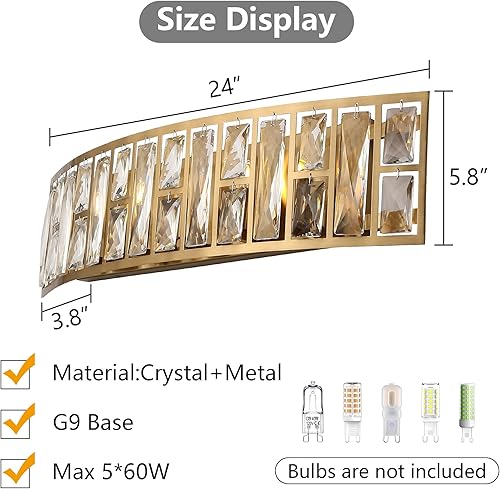 Miniatura 2 de Lámpara de tocador de baño de 24 pulgadas, moderna luz de cristal sobre el espejo, lámpara de pared dorada adecuada para bombilla G9 (dorado, 24