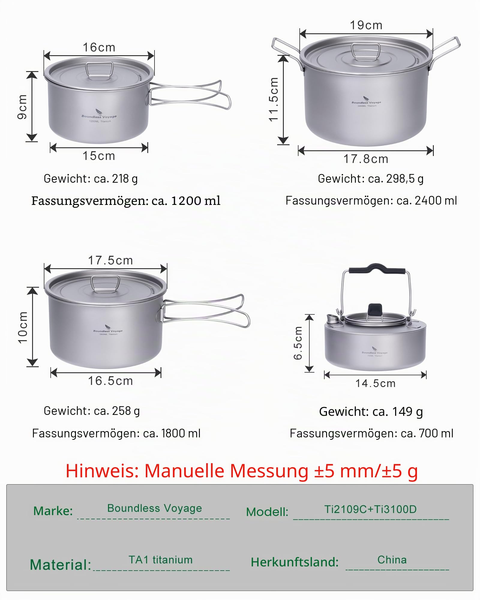 Boundless Voyage Titan Camping Kochgeschirr Mess Kit Faltbares Kochtopf-Set und Wasserkocher für Rucksackreisen, Outdoor, Picknick, Wandern, Reisen, BBQ Ti2109C+Ti3100D