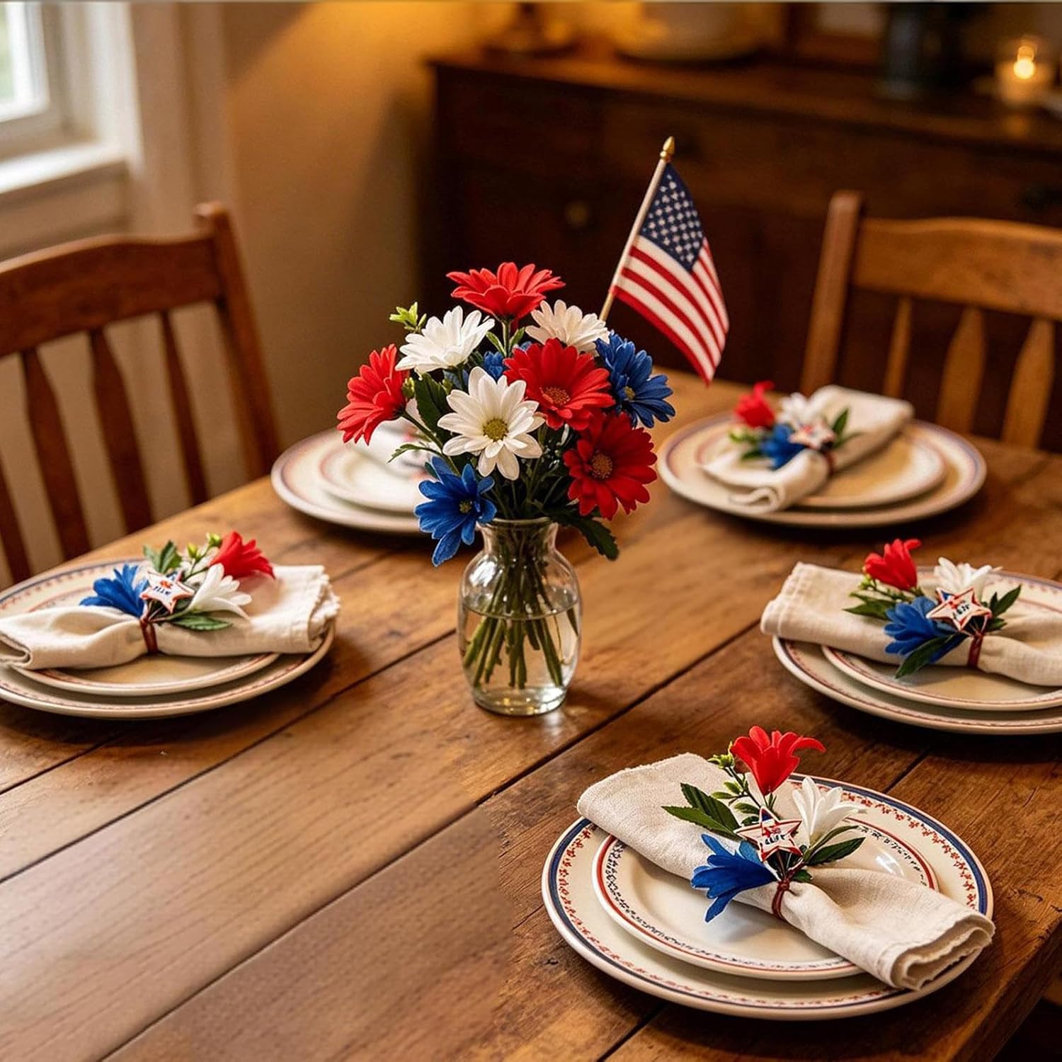 4th of July Patriotic Floral Napkin Rings Set of 4,Red White Blue Artificial Flower Star Napkin Holders,Independence Day Table Decorations for Memorial Day,Veterans Day,Patriotic Party Supplies image 4