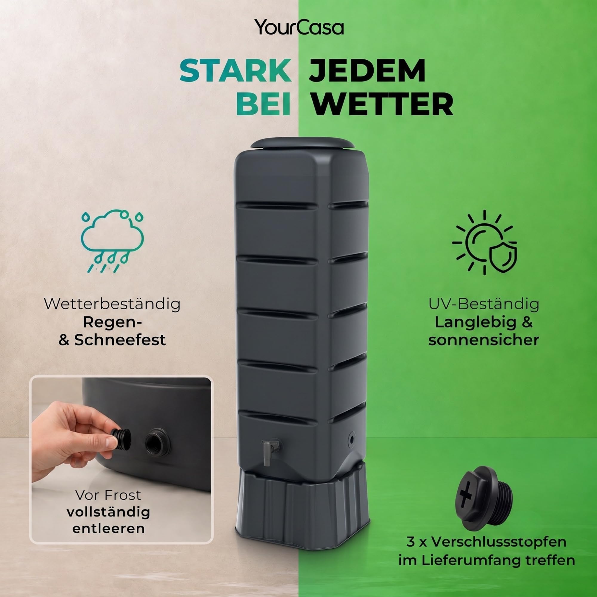 YourCasa Zbiornik na deszczówkę z podstawką, pokrywą i kranem, z tworzywa sztucznego, odporny na mróz, 120 l, zbiornik na wodę deszczową, zbiornik na wodę deszczową, do ogrodu, na wodę deszczową