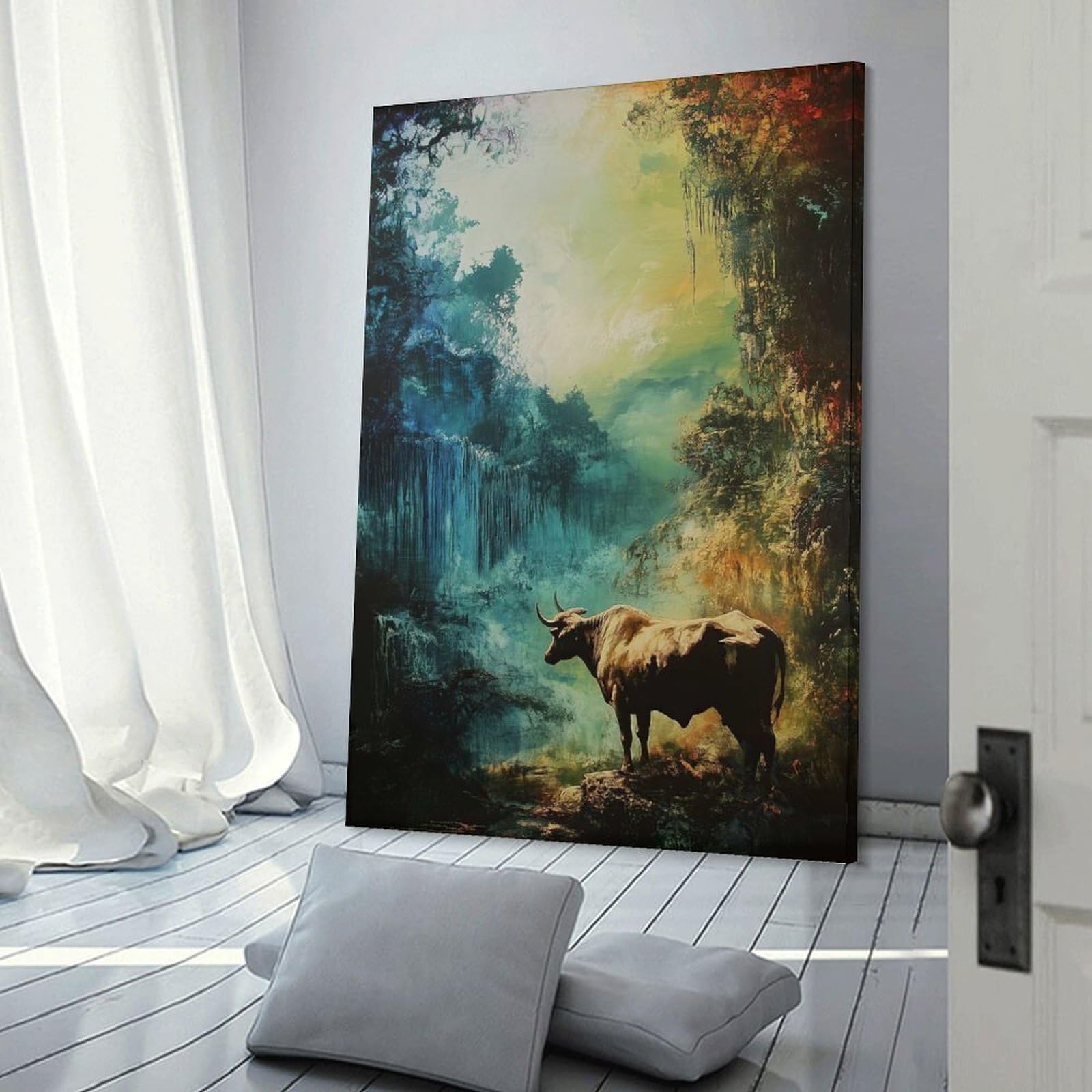 Junmoney Bull in A Mystical Forest Decorative Wall Artwork, 24x36inch(60x90cm), for Home Lounge, Bedroom Or Reading Nook, Eye Catching Artwork for Blank Walls