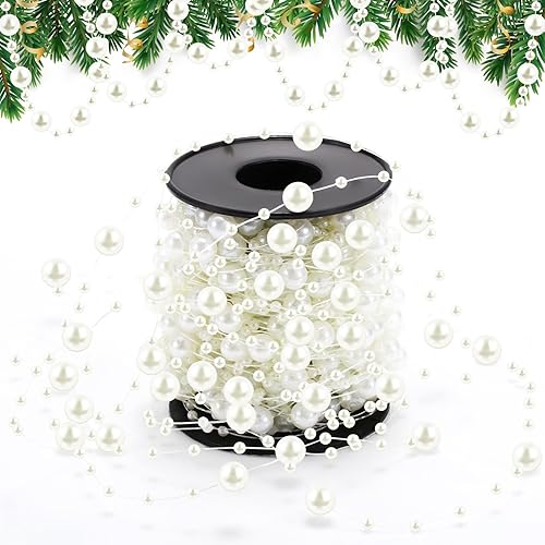 Pangda Guirnalda de cuentas de árbol de Navidad de 65.6 pies, cadena de hilos de perlas de plástico para decoración de bodas de Navidad (marfil)