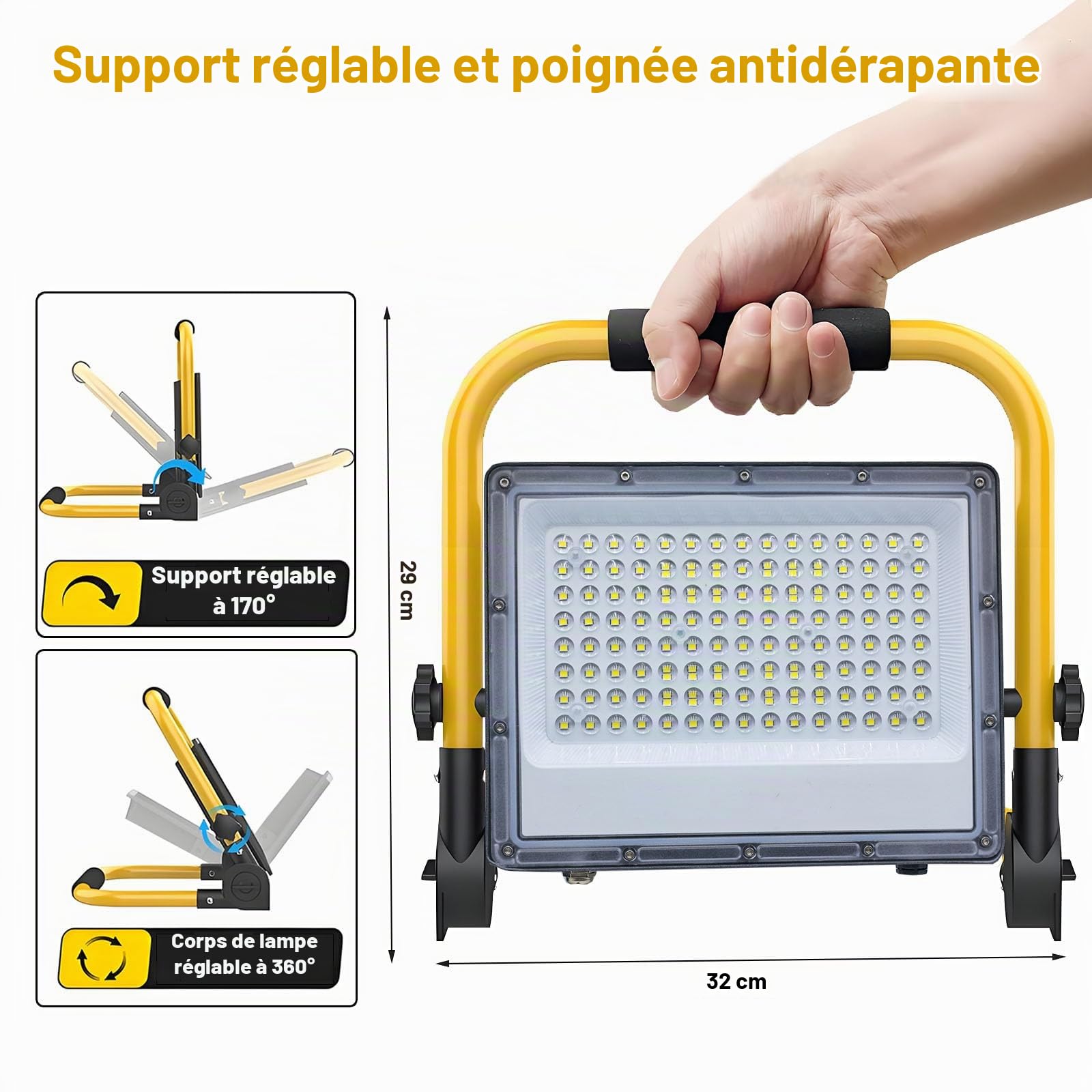100W Projecteur LED Chantier avec 2M Câble, Tkdaksy Lampe Chantier avec Prise, Projecteur Chantier Led Lampe 10000LM, IP66 Étanchéité, 6500K,Support Pliable Portable, pour Ateliers, Chantiers, Garages