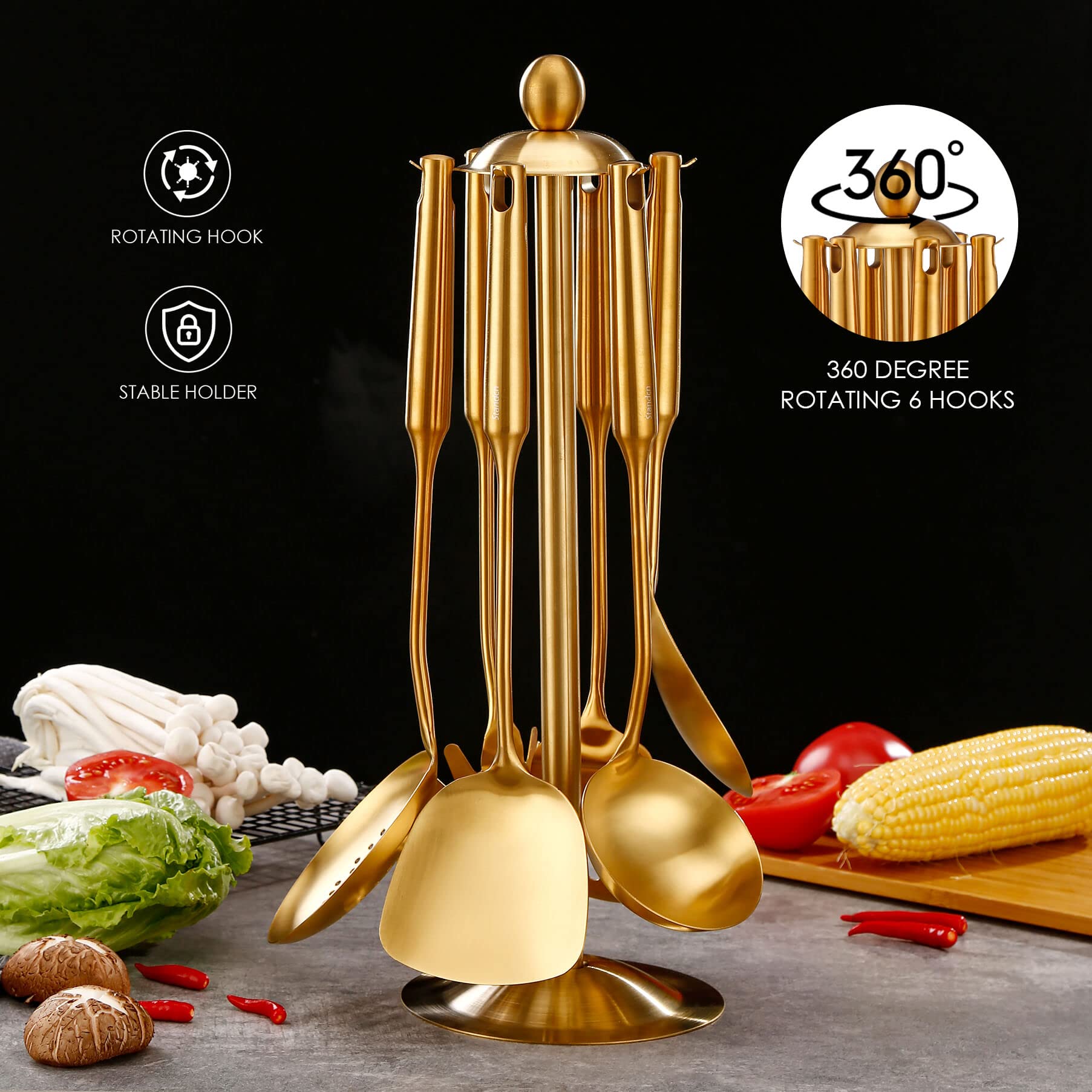 Standcn 7-teiliges 304 Edelstahl (18/10) Gold Kochutensilien-Set mit drehbarem Halter inklusive Pfannenwender, Suppenkelle, Skimmer, Schlitzspatel, Spaghettiheber, Reisportionierer