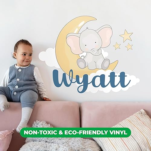 Miniatura 5 de EGD Calcomanías de pared de elefante con estrellas y nubes para bebé niña o niño, nombre personalizado para decoración de pared de guardería,