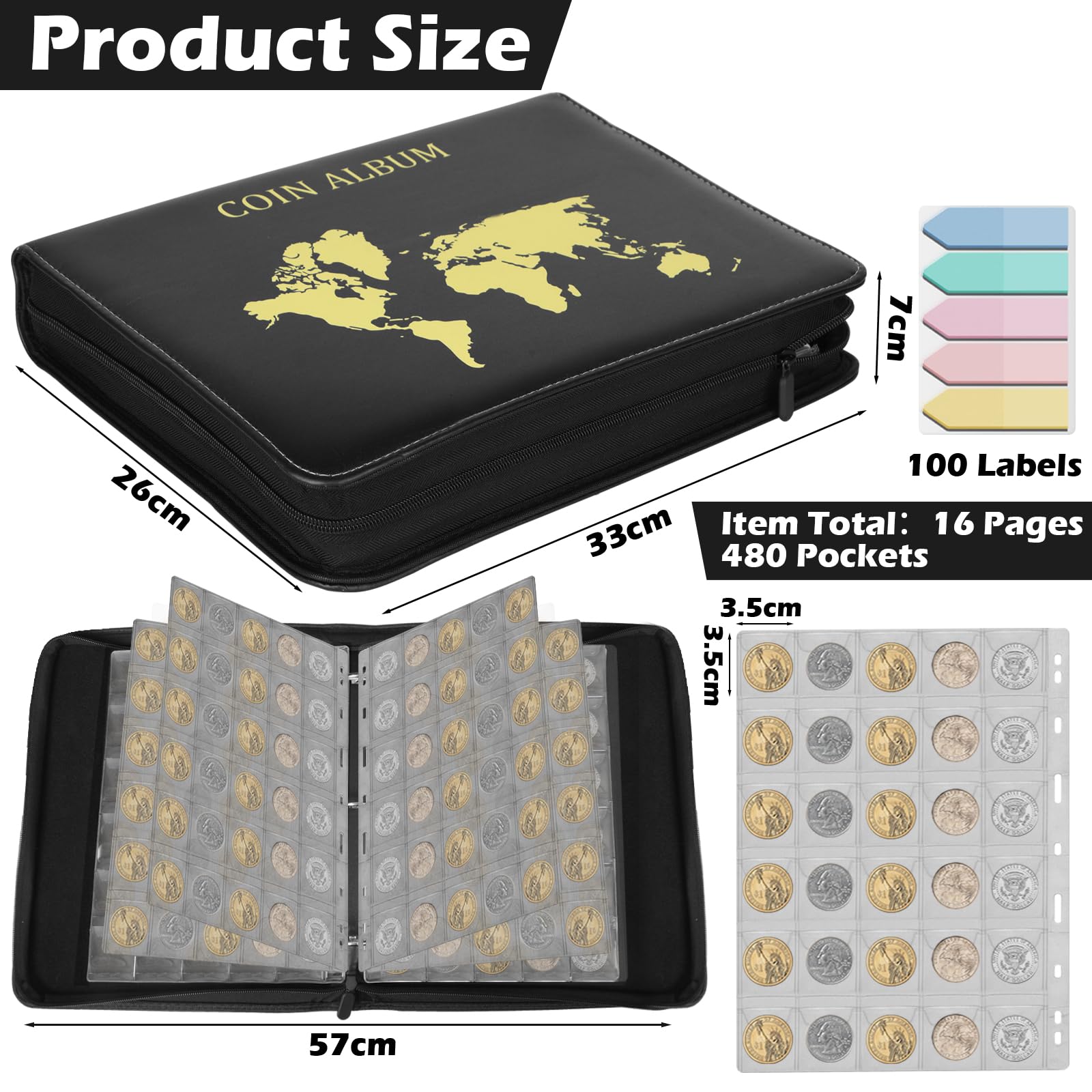 KOMABLEN 480 Tasche Raccoglitore Monete, 16 Pagine 35x35mm Porta Monete da Collezione, Raccoglitore da Collezione con Cerniera, Album Portamonete per Euro, Sterlina, Pence