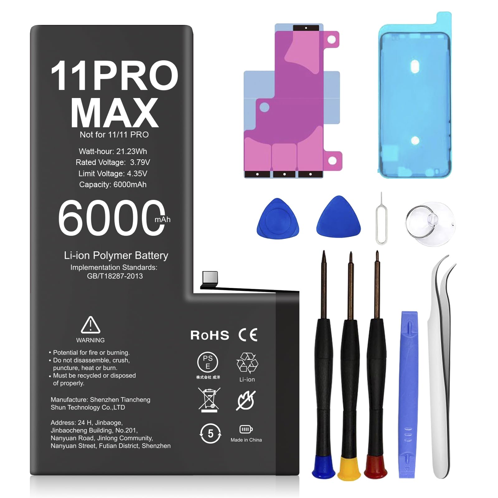 Batteria per iPhone 11 Pro Max, 6000mAh Batterie Sostitutive agli Li-ion di litio ad alta Capacità, per iPhone 11 Pro Max Batteri (Modelli Comp A2218,A2161,A2220) con Kit di Strumenti di Riparazione