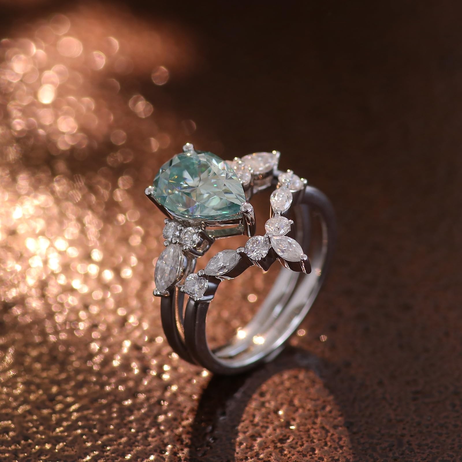 Anello da donna in oro bianco 18 carati, con incisione, set da 2 fedi nuziali, anello di fidanzamento 750 in vero oro bianco con moissanite 2 carati, misura 60 (19,1)