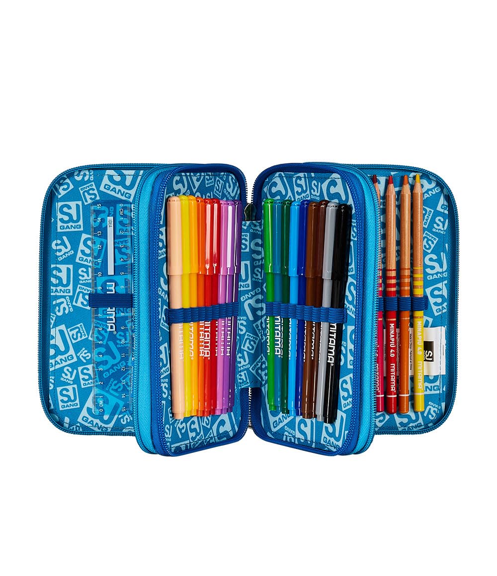 SJ Gang Astuccio Scuola 3 Zip, Blu,Facce Da SJ, Portapenne Triplo Scomparto Completo Di Penne, Matite, Colori, Accessori Zaino, Elementari, Medie, Bambino