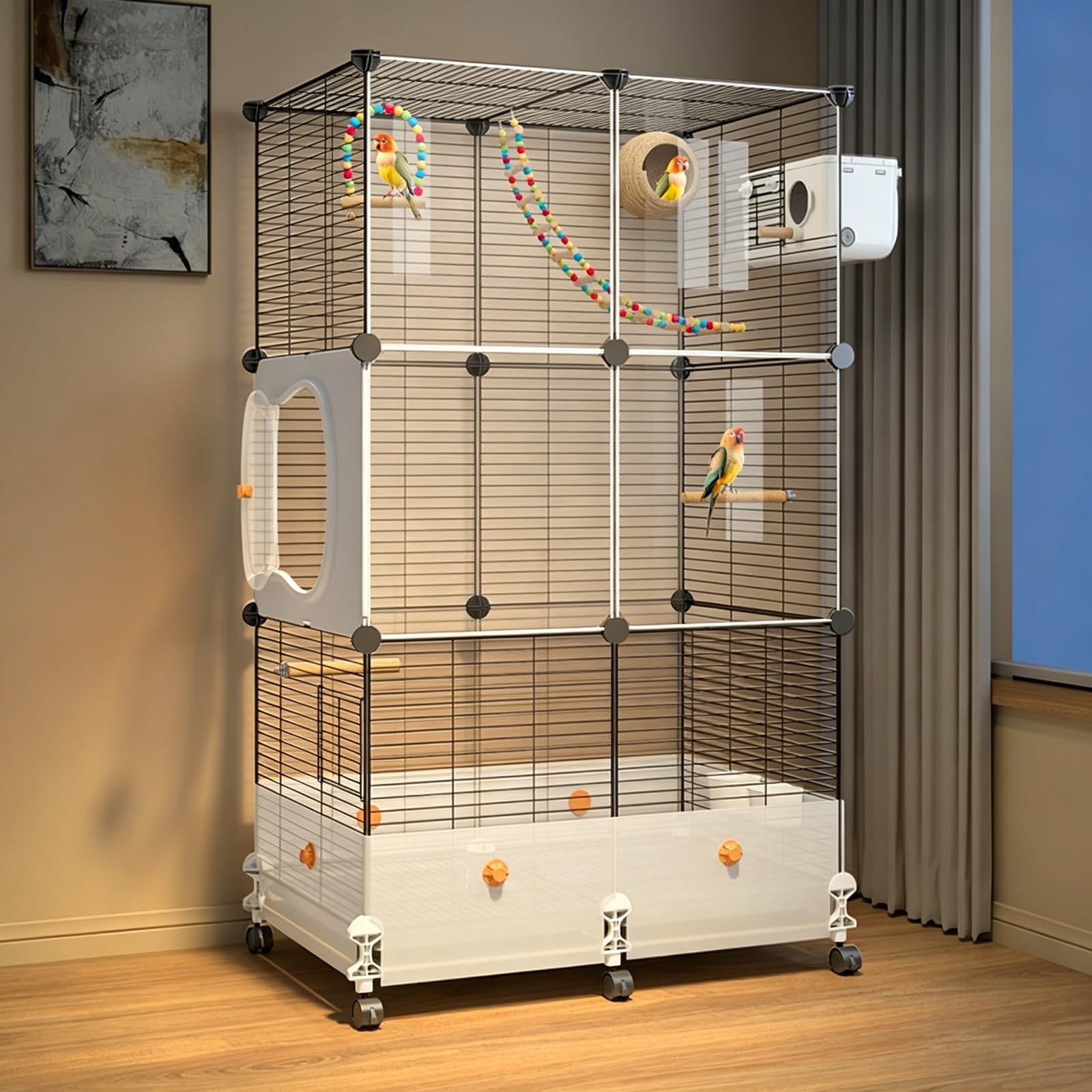 Bird Cage,Large Parrot Cage with Acrylic Doors, 3-Tier Movable Birdcage Parakeet Cage w/Wheels, 360° View Spacious Interactive Bird House(117 * 72 * 36cm)