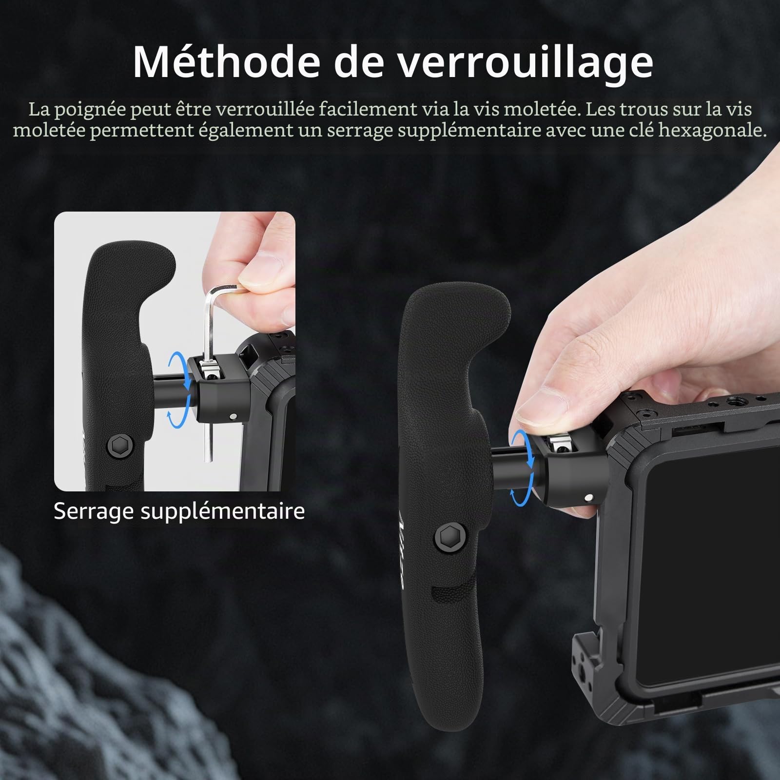 Nitze Poignée Latérale avec Vis 1/4" et Goupilles de Positionnement Rétractables, Réglable 360° pour Ipad, Moniteur et Cage Appareil Photo PA32D