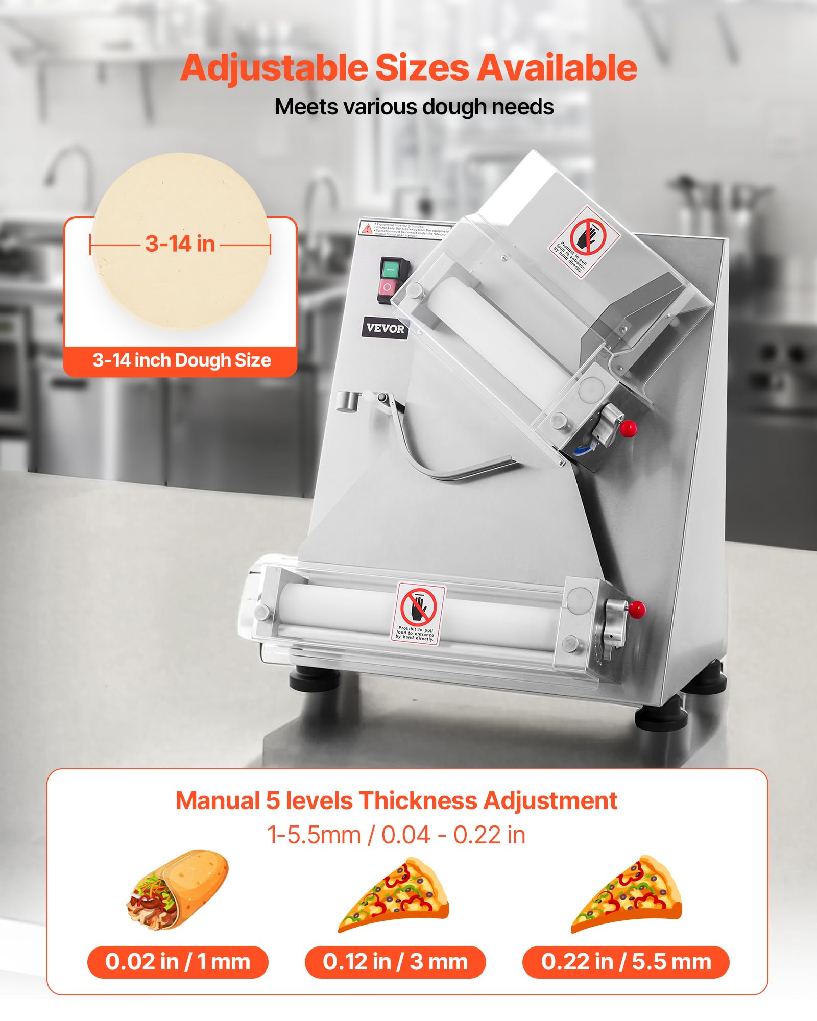 VEVOR Formeuse à pizzas, 7,6 à 35,5 cm, presse à pâte électrique commerciale 370 W, 260 feuilles par heure, laminoir à pâte à pizza automatique en acier inoxydable, épaisseur réglable, avec couvercle
