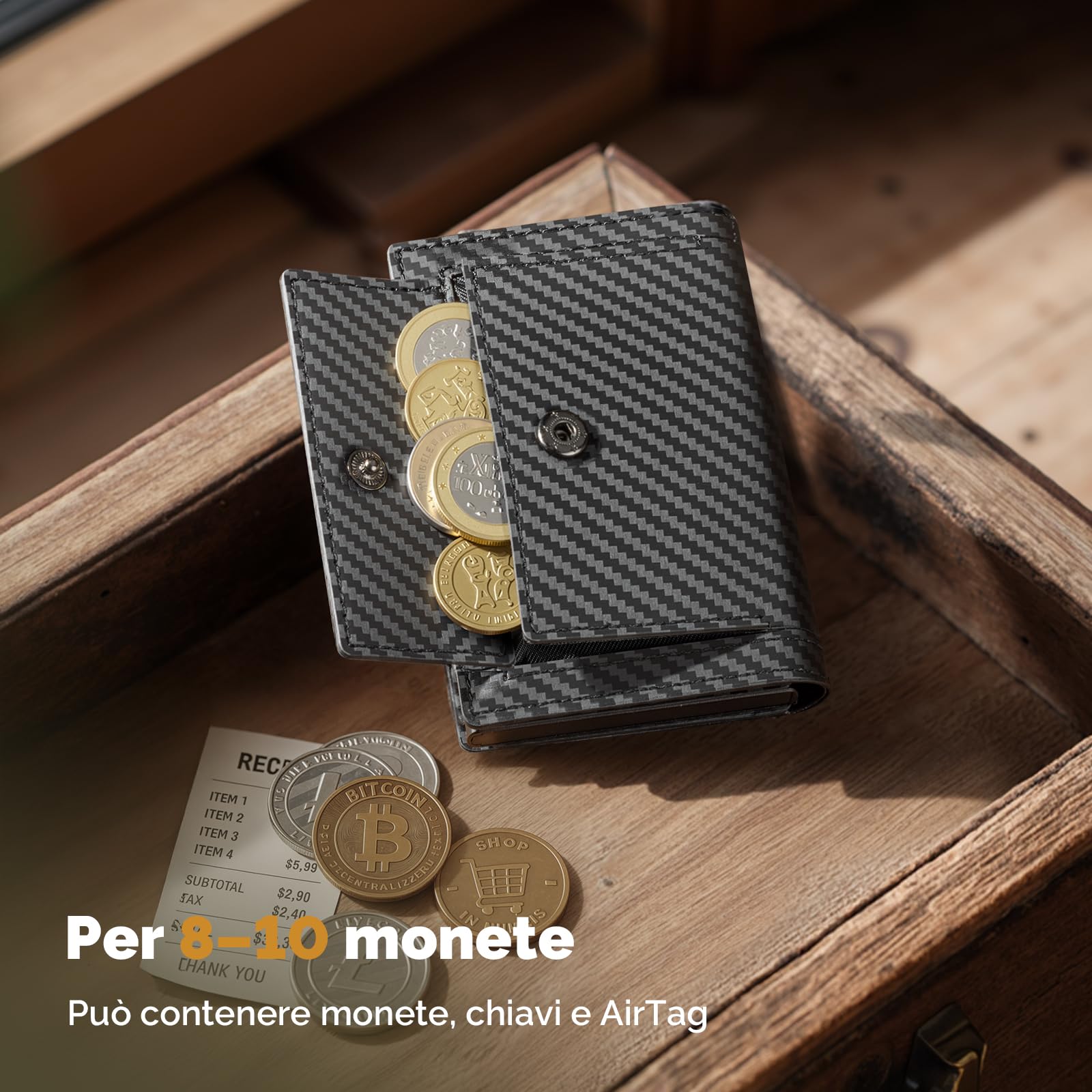 YESIIW Portacarte Airtag con Super Compatto, Pop up Airtag Wallet per 10+ Cartes, 10+ Banconote & Finestra ID, Portafoglio Uomo Airtag con RFID & Chiusura Magnetica (Carbon Nero, XL Portamonete)