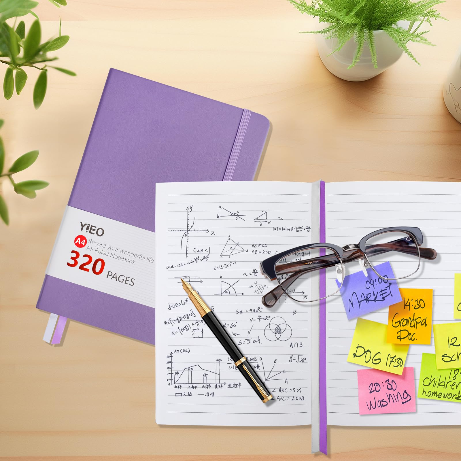 Quaderno a righe formato A4, grande blocco notes con copertina rigida e 320 pagine di carta spessa di alta qualità, senza trasparenza, giornali in pelle per donne e uomini, tasca interna, viola