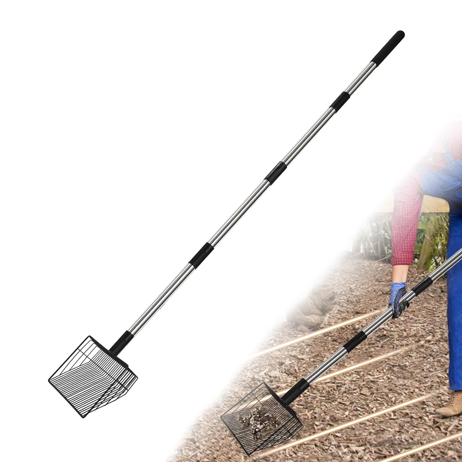 Pala para excrementos de gallinero para gallinero, resistente, mango telescópico, 57 – 106 cm, colador de metal duradero para la cría de aves, eliminación eficiente de excrementos de pollo y basura