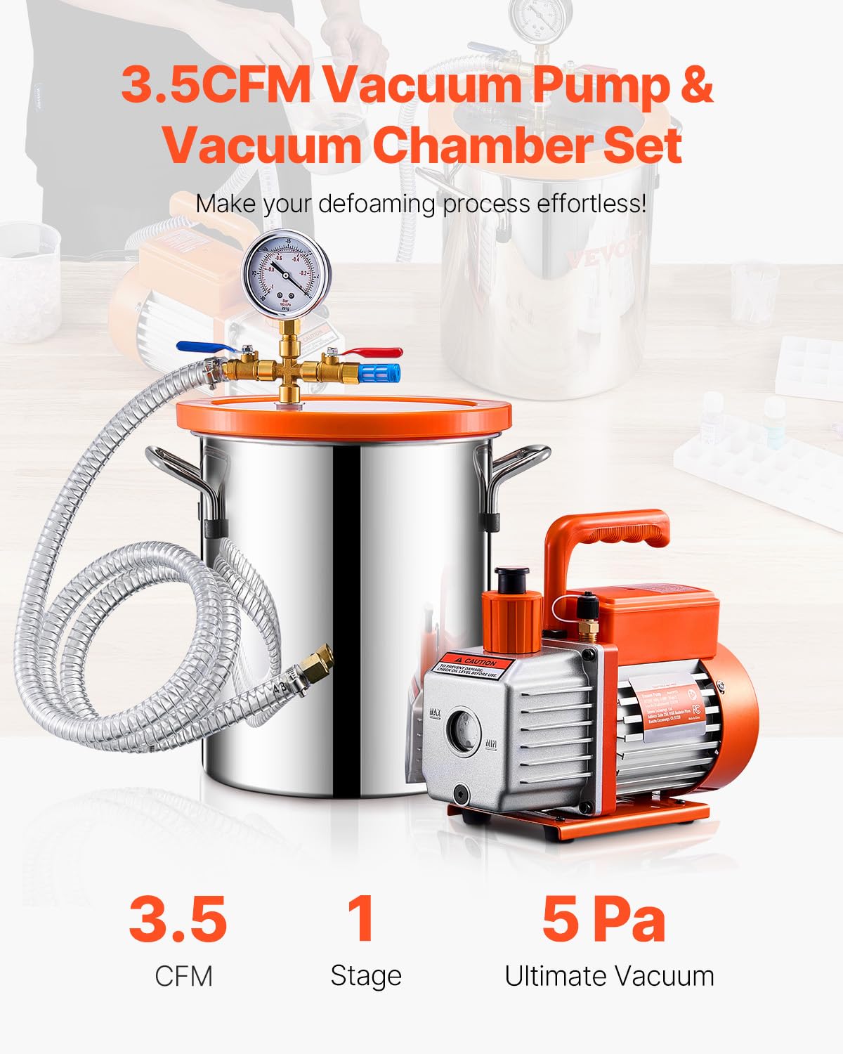 Happybuy 3 Gallon Vacuum Chamber and 3.5 CFM Pump Kit, Stainless Steel Chamber, Single Stage Degassing Chamber Kit with Acrylic Lid, Oil, 4.92 ft Hose, for Degassing Resin Silicone Epoxies