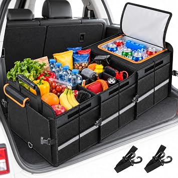 Car Boot Organiser with Cooler Bag, Collapsible Trunk Storage Box