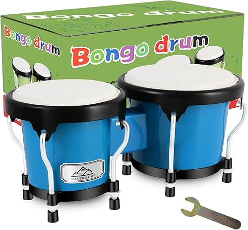 EastRock Bongo - Juego de tambor de 4 y 5 pulgadas para adultos, tambor de percusión con llave de afinación (azul)